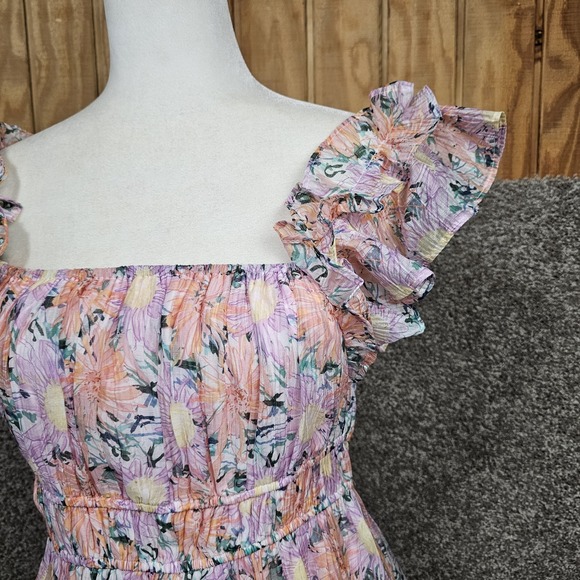 NWT Entro Mini Dress Womens L Floral Ruffle Sleeve Pink Orange Pastel - Picture 2 of 9